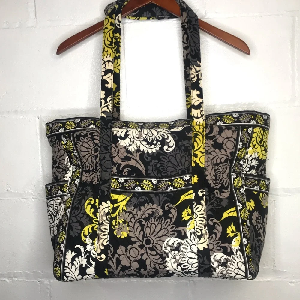 Vera Bradley Baroque Quilted Large Tote Bag Zipper Top Black Yellow Travel - Picture 1 of 10